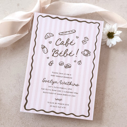 Baby shower invitation card for 'Café Bébé' with illustrations on a light background