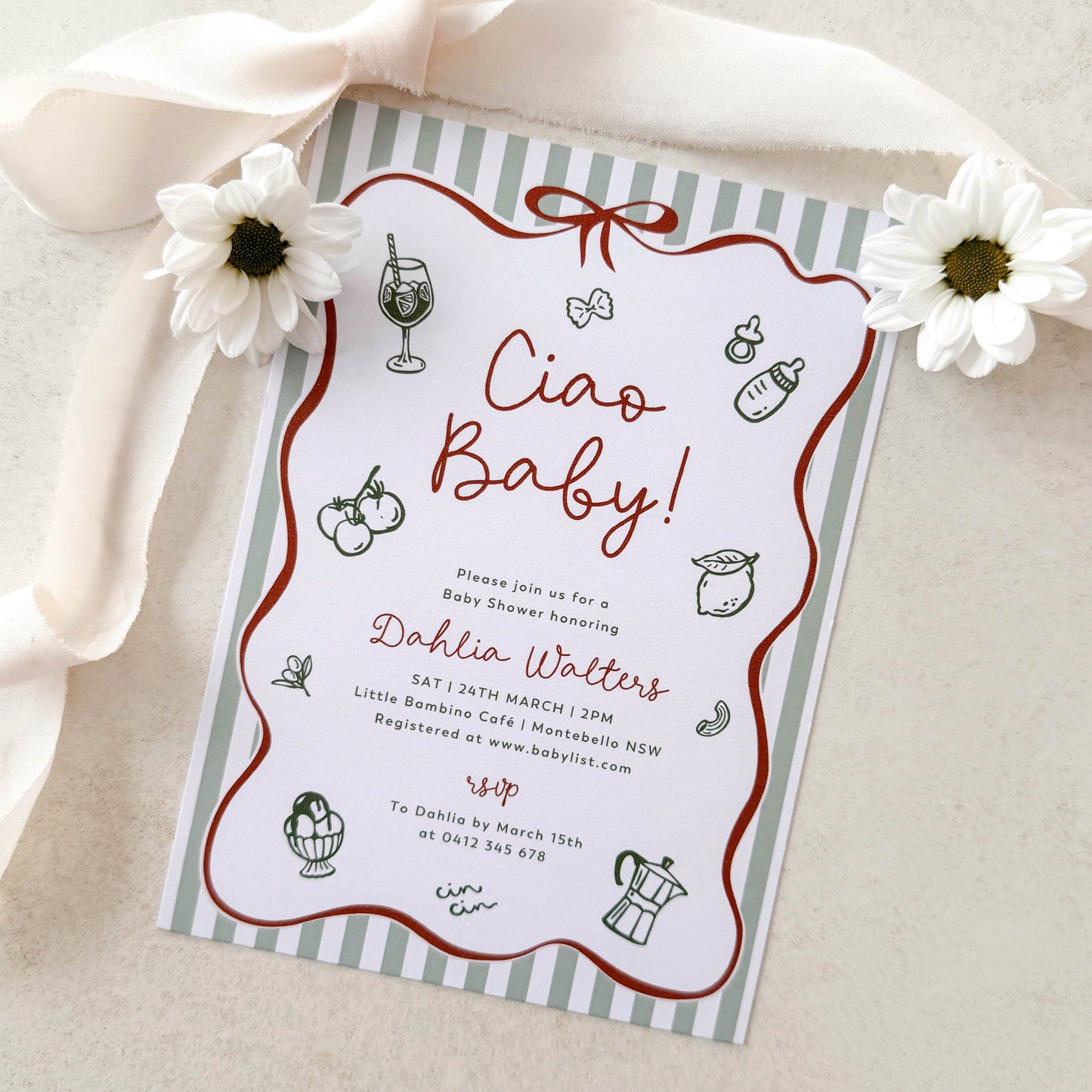 Ciao Baby Green Baby Shower Invitation (Printed) – Italian Baby Shower Invite Australia