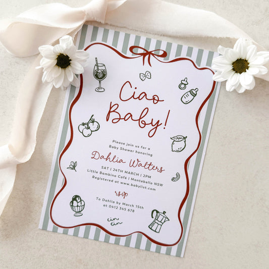 Ciao Baby Green Baby Shower Invitation (Printed) – Italian Baby Shower Invite Australia