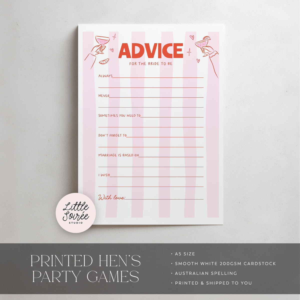 Printed Advice for the Bride - Cin Cin Pink and Red | Hens Party Games