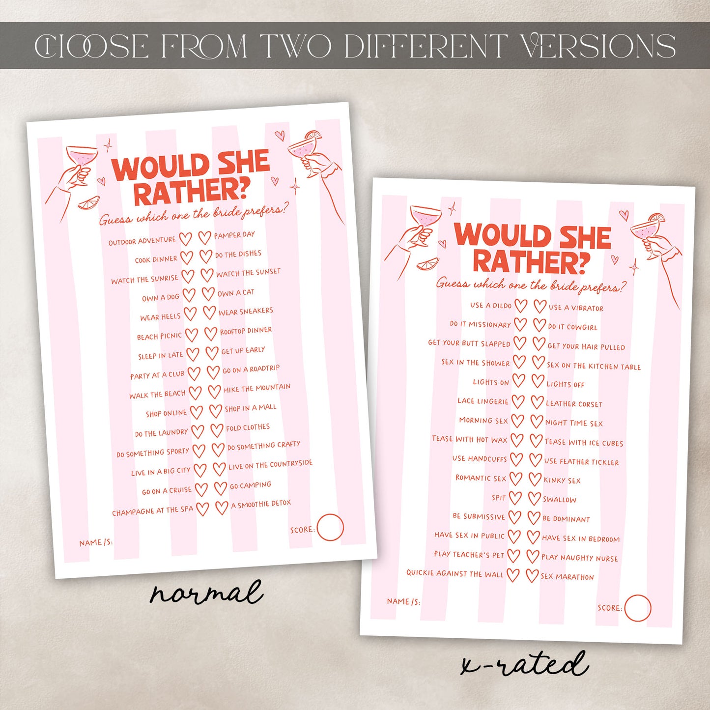 Two printed party game cards titled "WOULD SHE RATHER?" shown on a light beige background. The left card is labeled "normal" and the right card is labeled "x-rated.