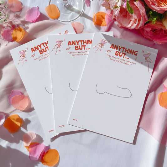 Three hens party game cards with red text reading 'ANYTHING BUT.