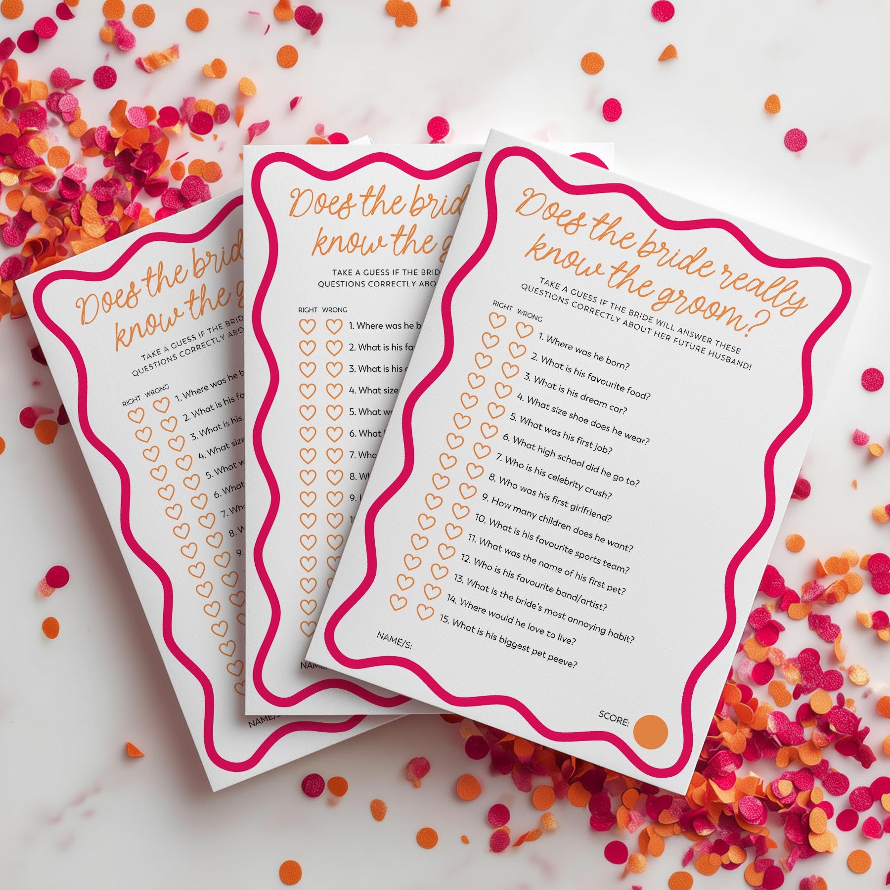 Three question cards on a white background with colorful confetti