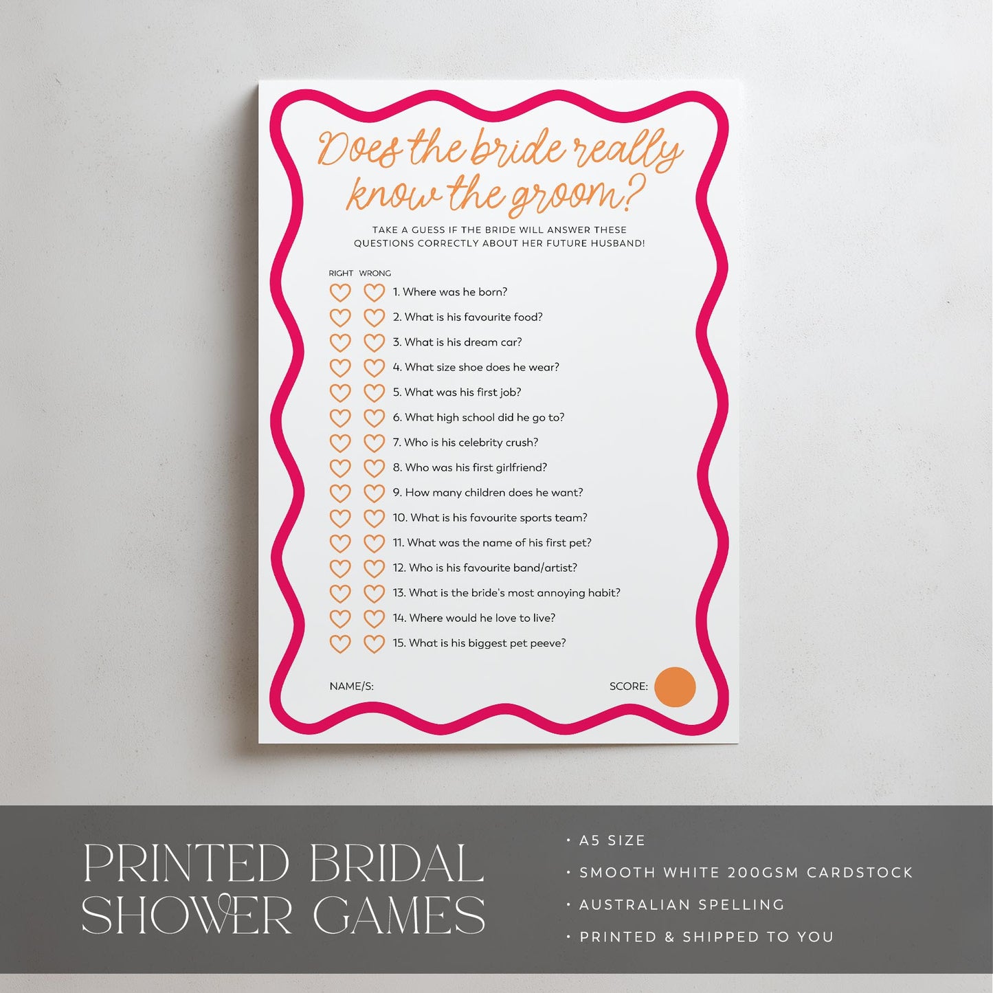Bridal shower game card with question list on a gray background