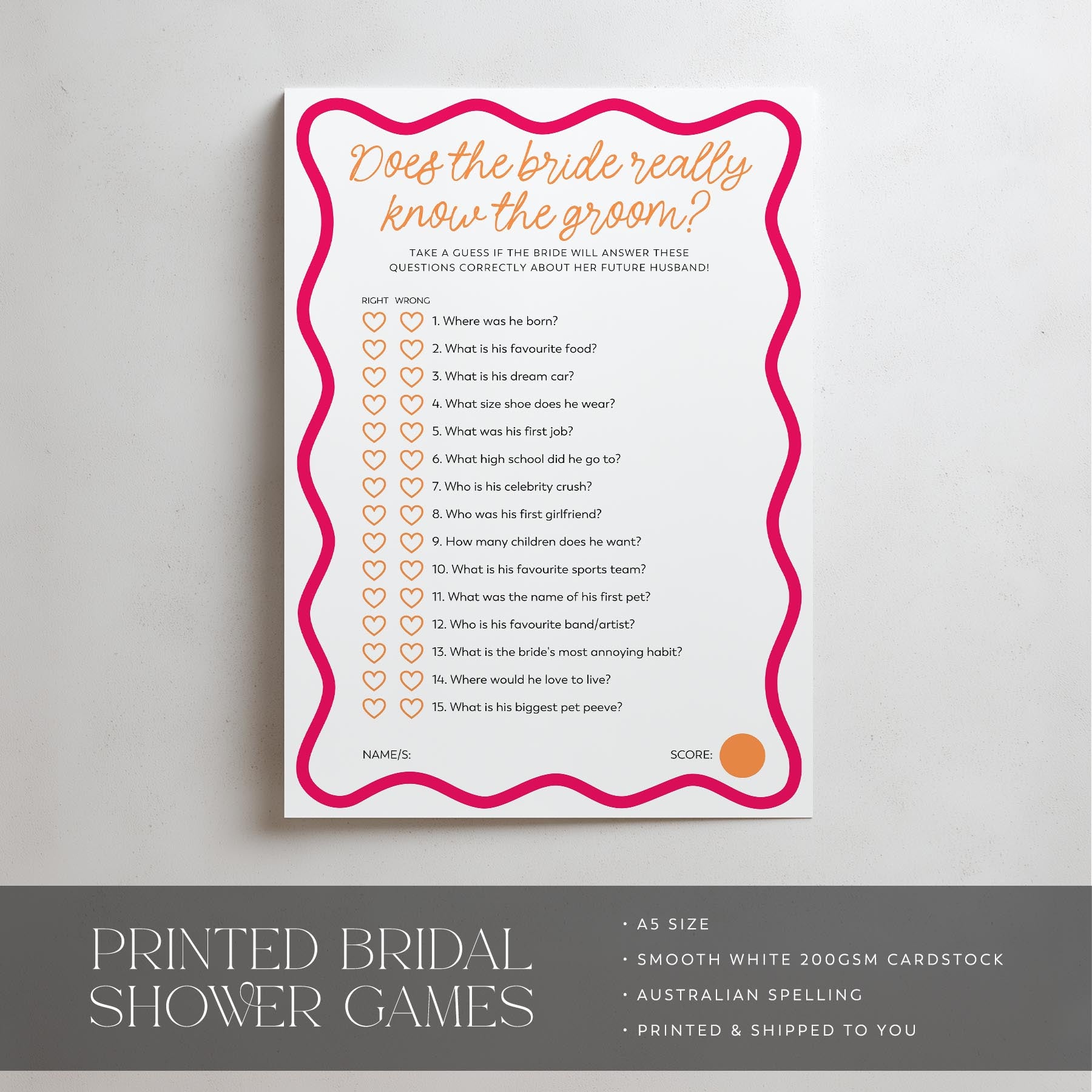 Bridal shower game card with question list on a gray background