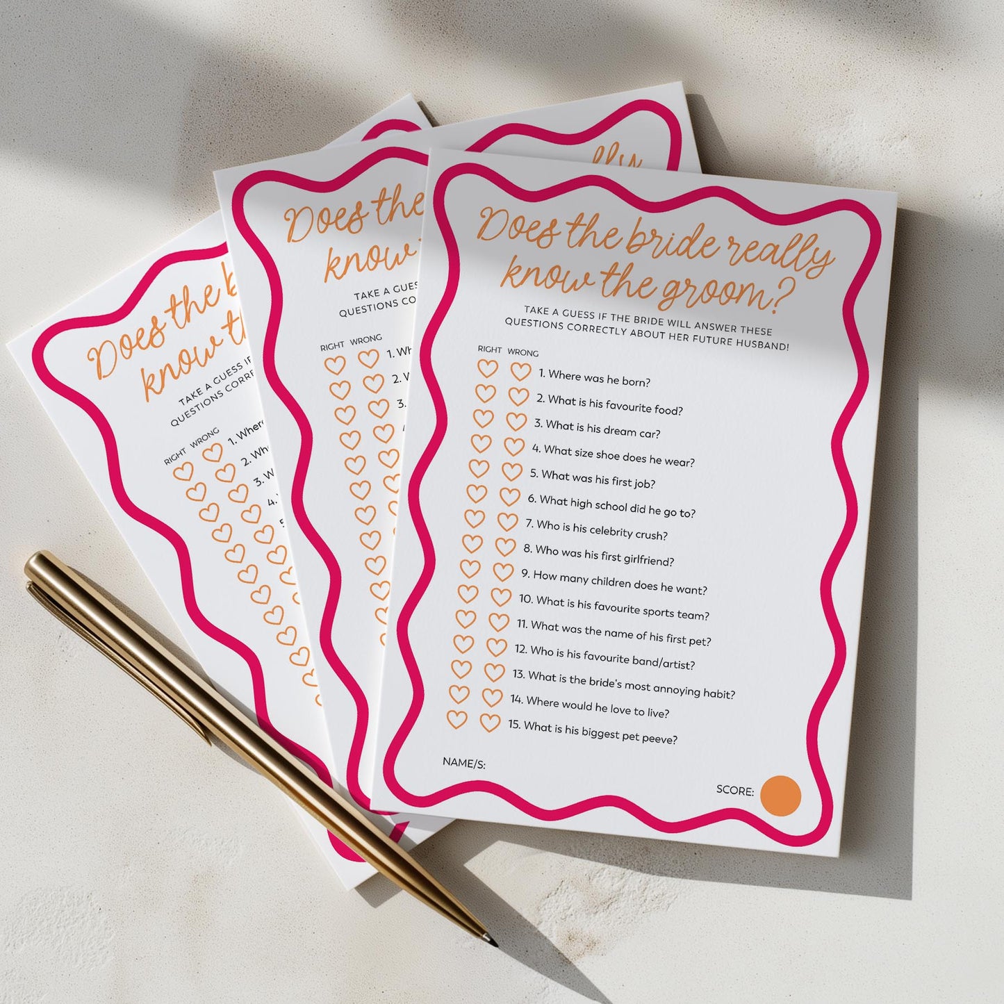 Printed Does the Bride Know the Groom - Pink Orange Wavy | Bridal Shower Games Australia