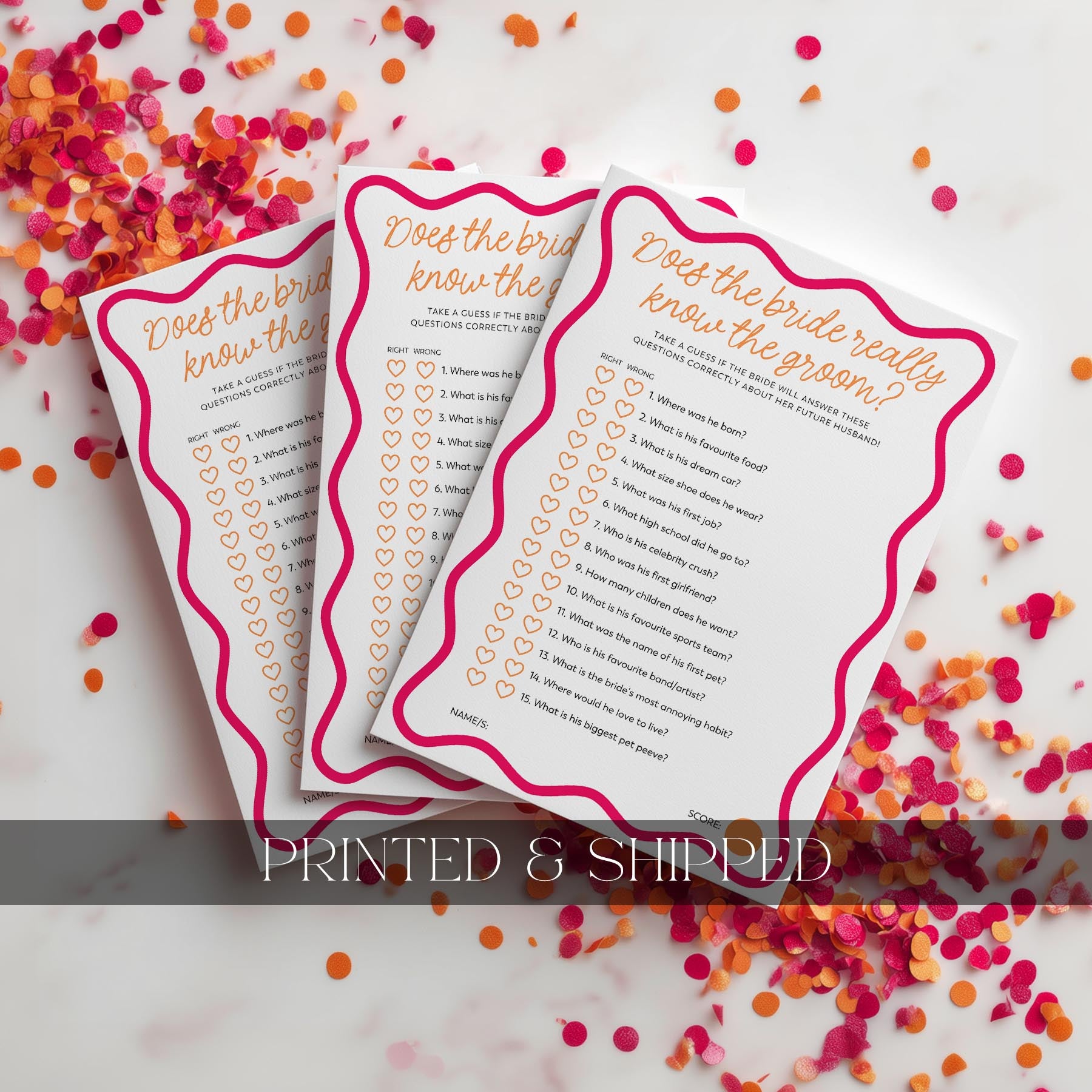 Three printed questionnaires on a surface with colorful confetti