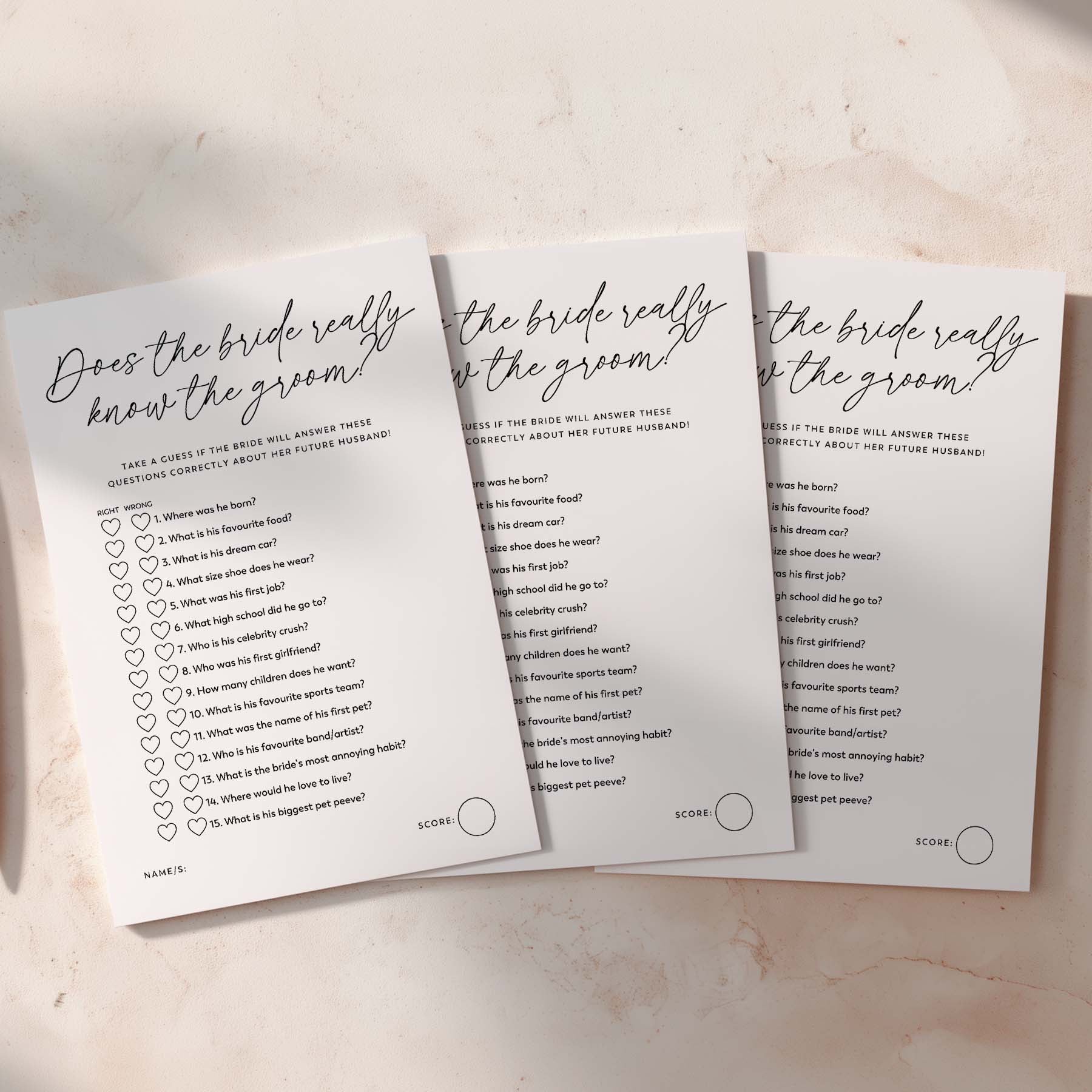 Three questionnaires titled 'Does the bride really know the groom' on a light background
