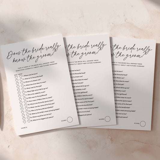 Three questionnaires titled 'Does the bride really know the groom' on a light background