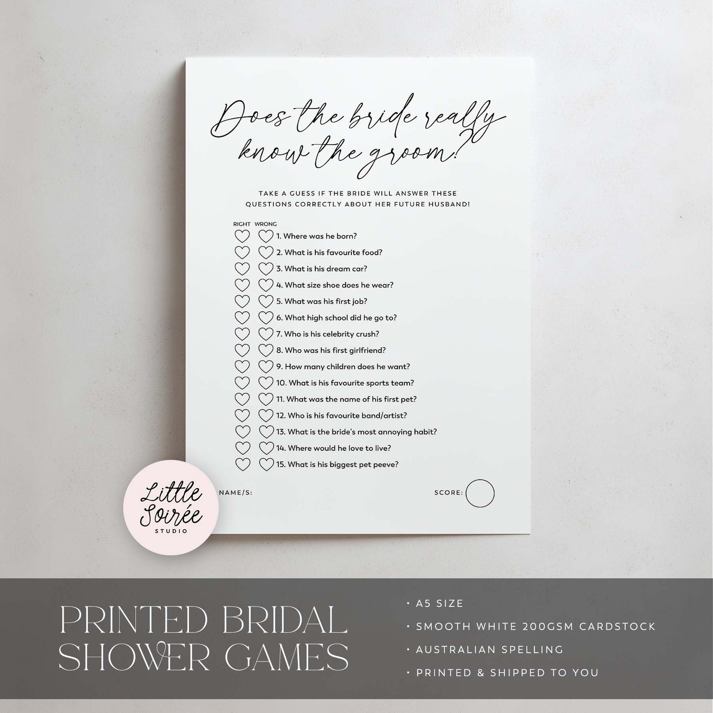 Bridal shower game card with question list on a gray background