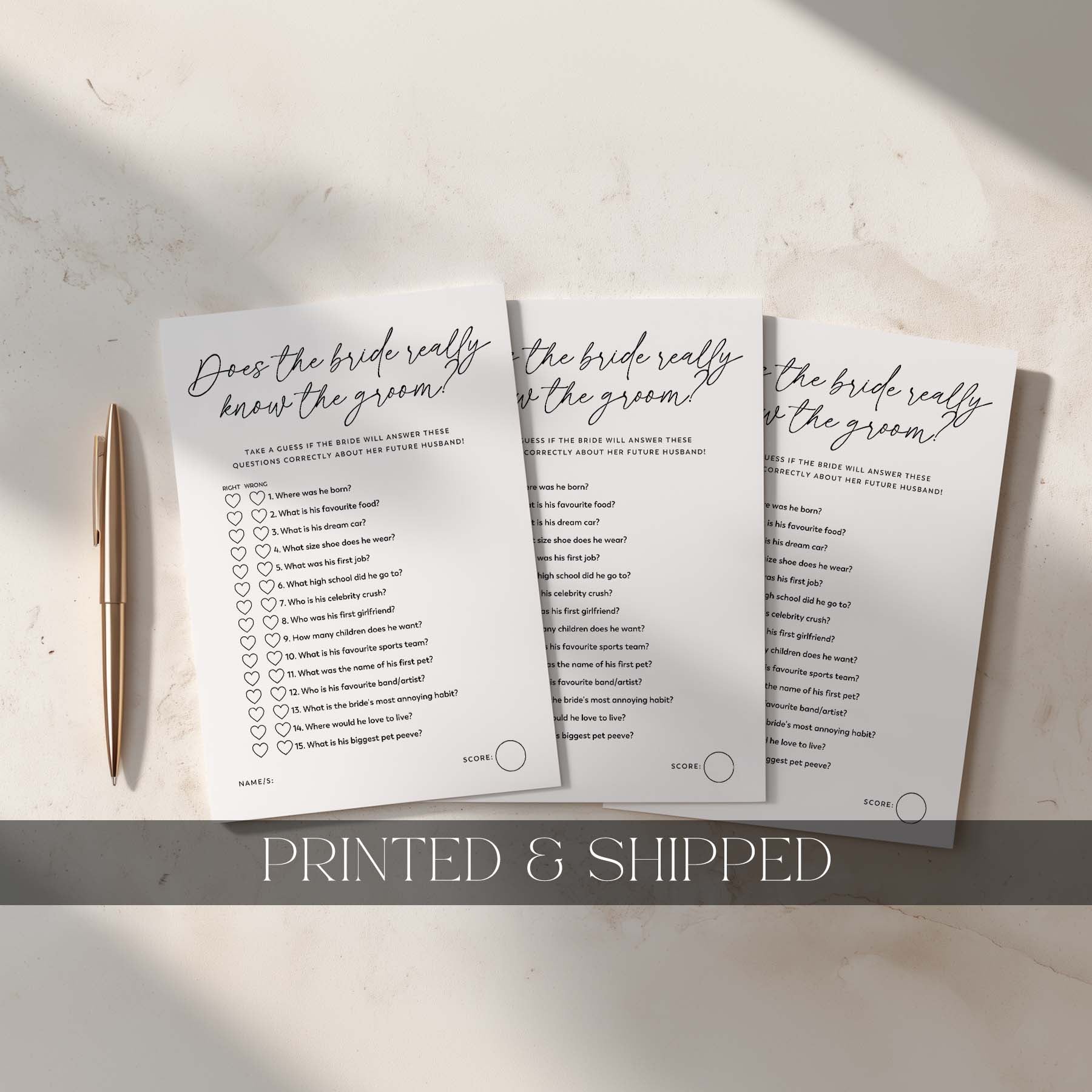Two printed questionnaires titled 'Does the bride really know the groom?' on a light surface with a pen.