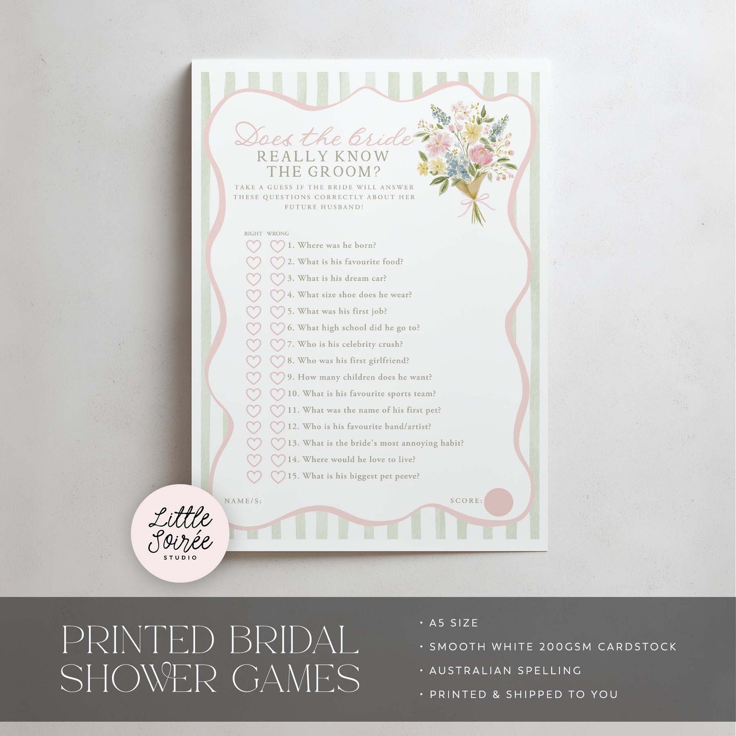 Bridal shower game card with floral design on a gray background