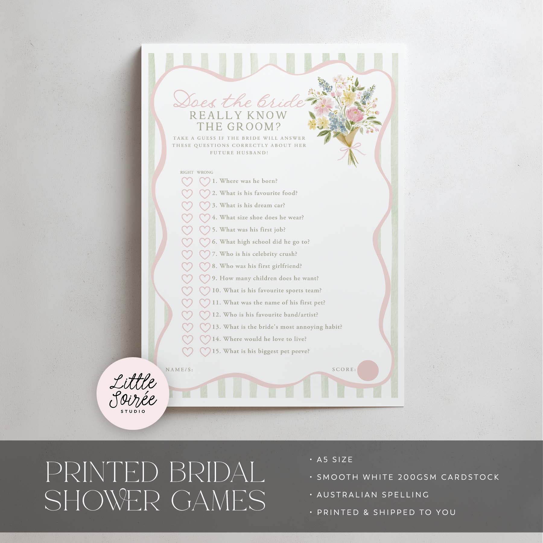 Bridal shower game card with floral design on a gray background