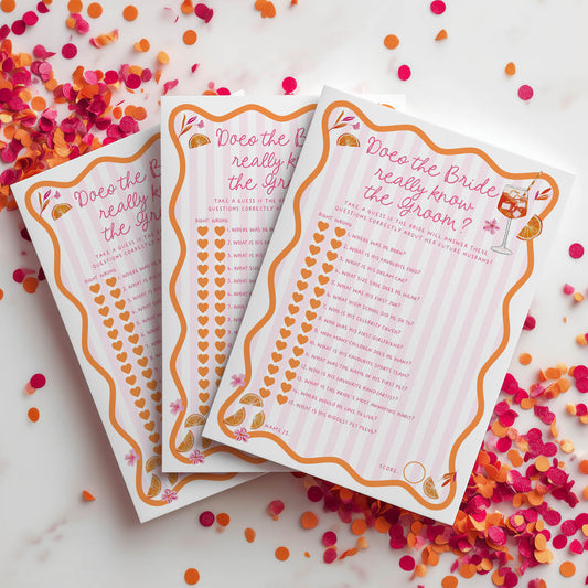 Three 'Do the Bride Really Know the Groom?' cards on a white background with colorful confetti.