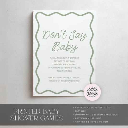 Baby shower game sign with text on a white background