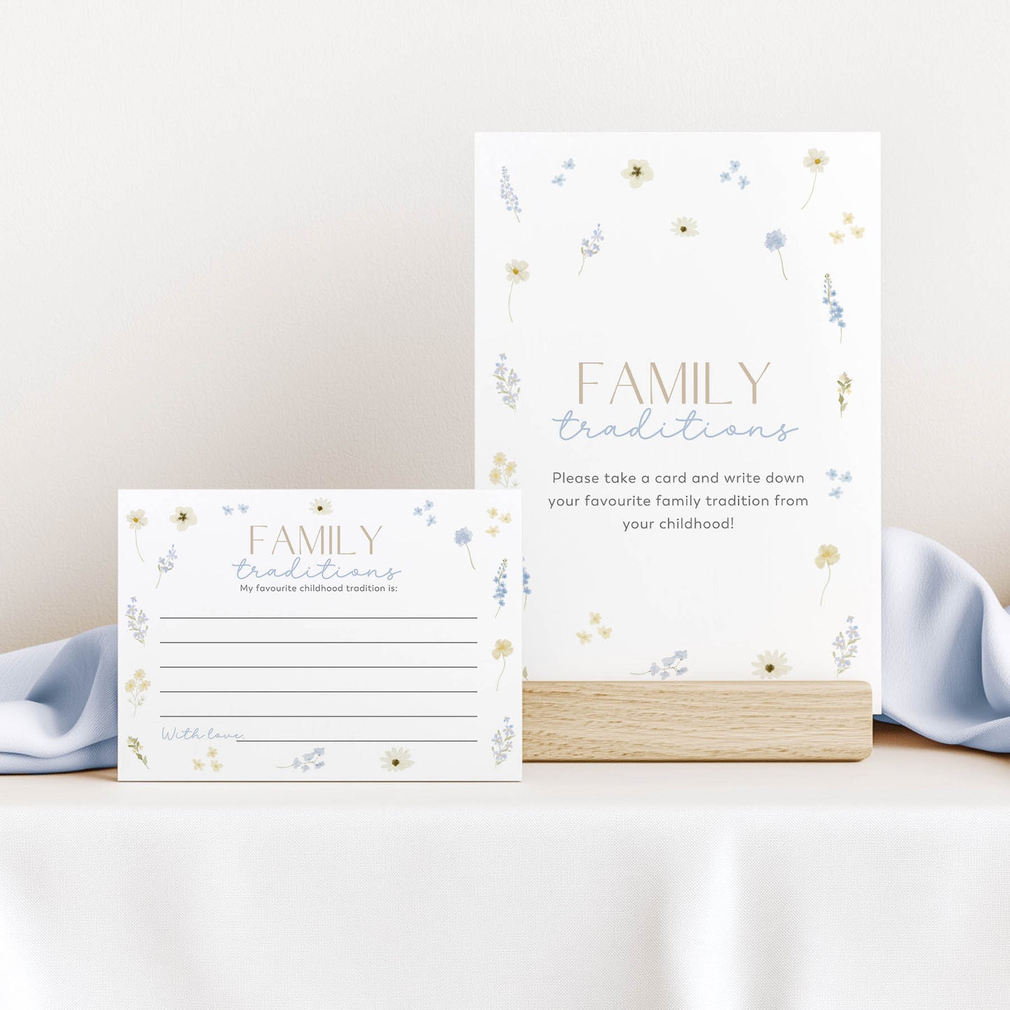 Printed Family Traditions Sign & Card – Blue Wildflower | Baby Shower Games Australia