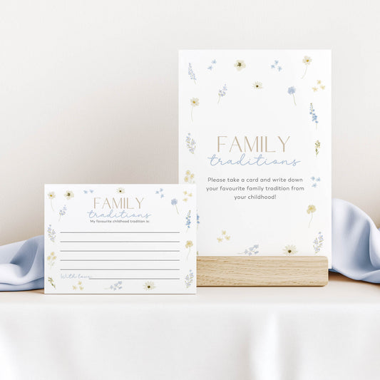 Printed Family Traditions Sign & Card – Blue Wildflower | Baby Shower Games Australia