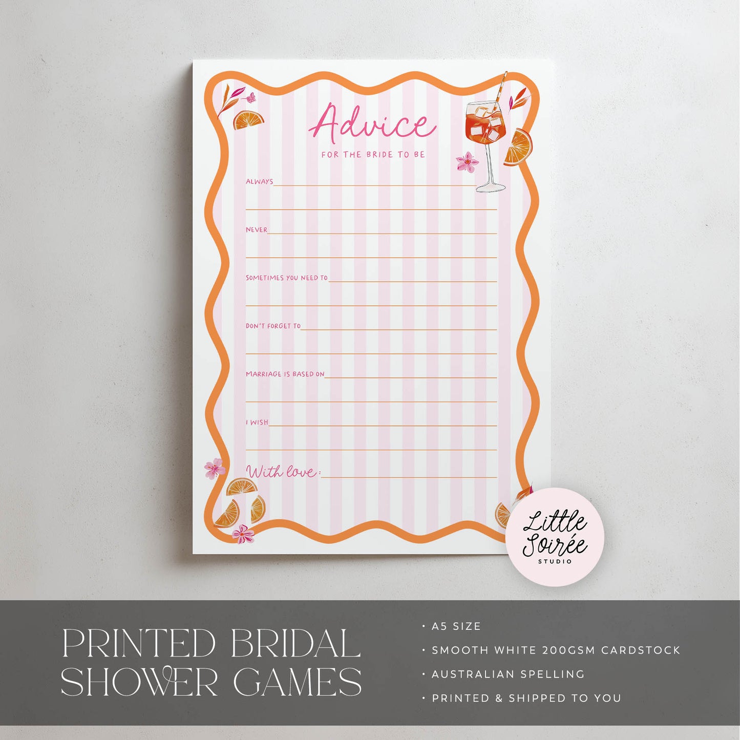 Bridal shower game advice card with decorative border on a light gray background