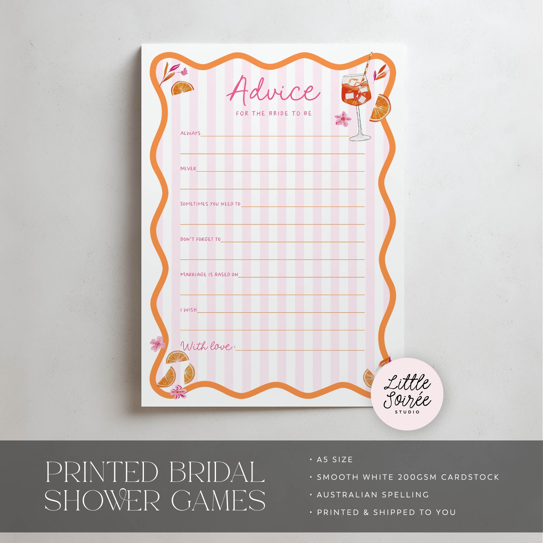 Bridal shower game advice card with decorative border on a light gray background