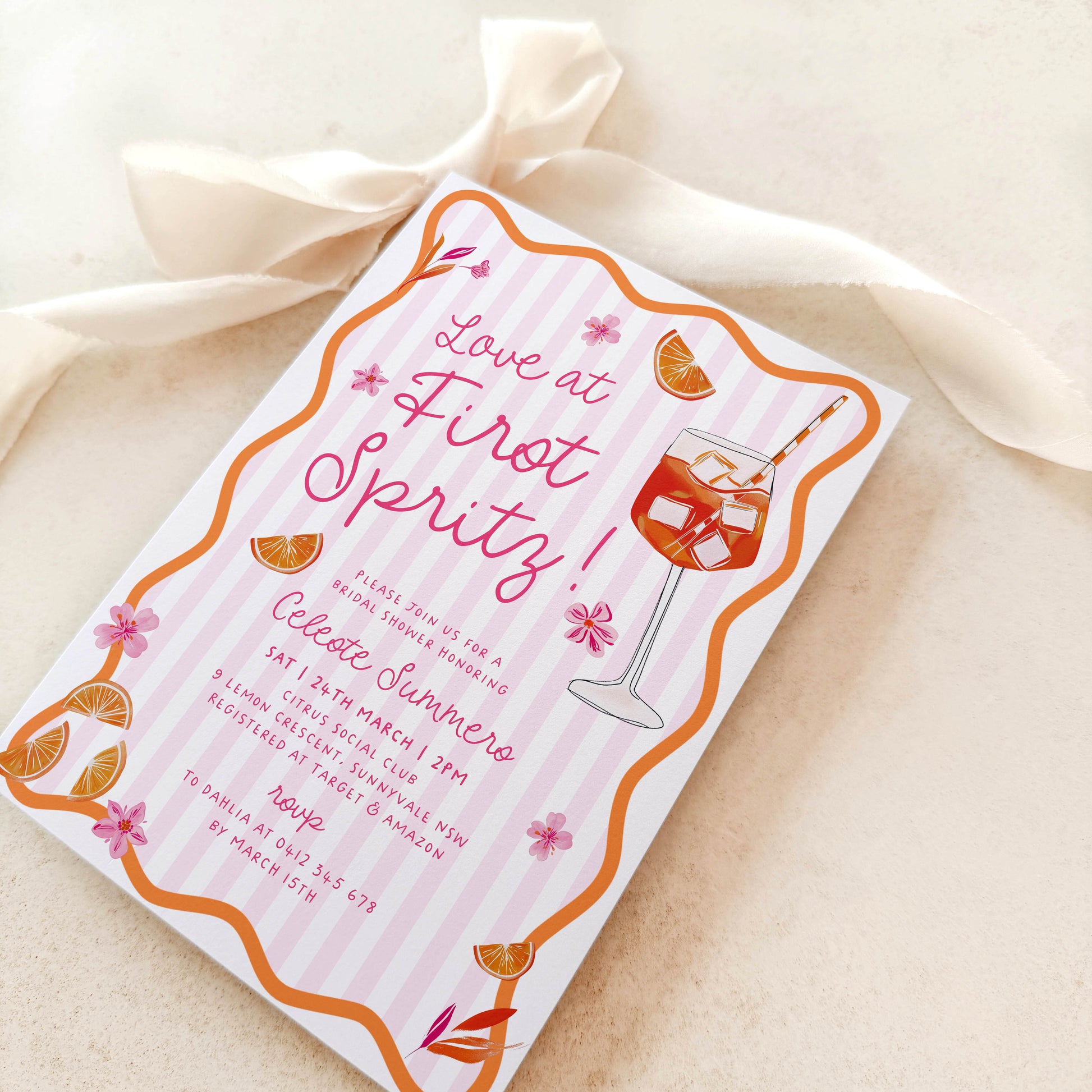 Invitation card with a drink illustration and text on a beige fabric background