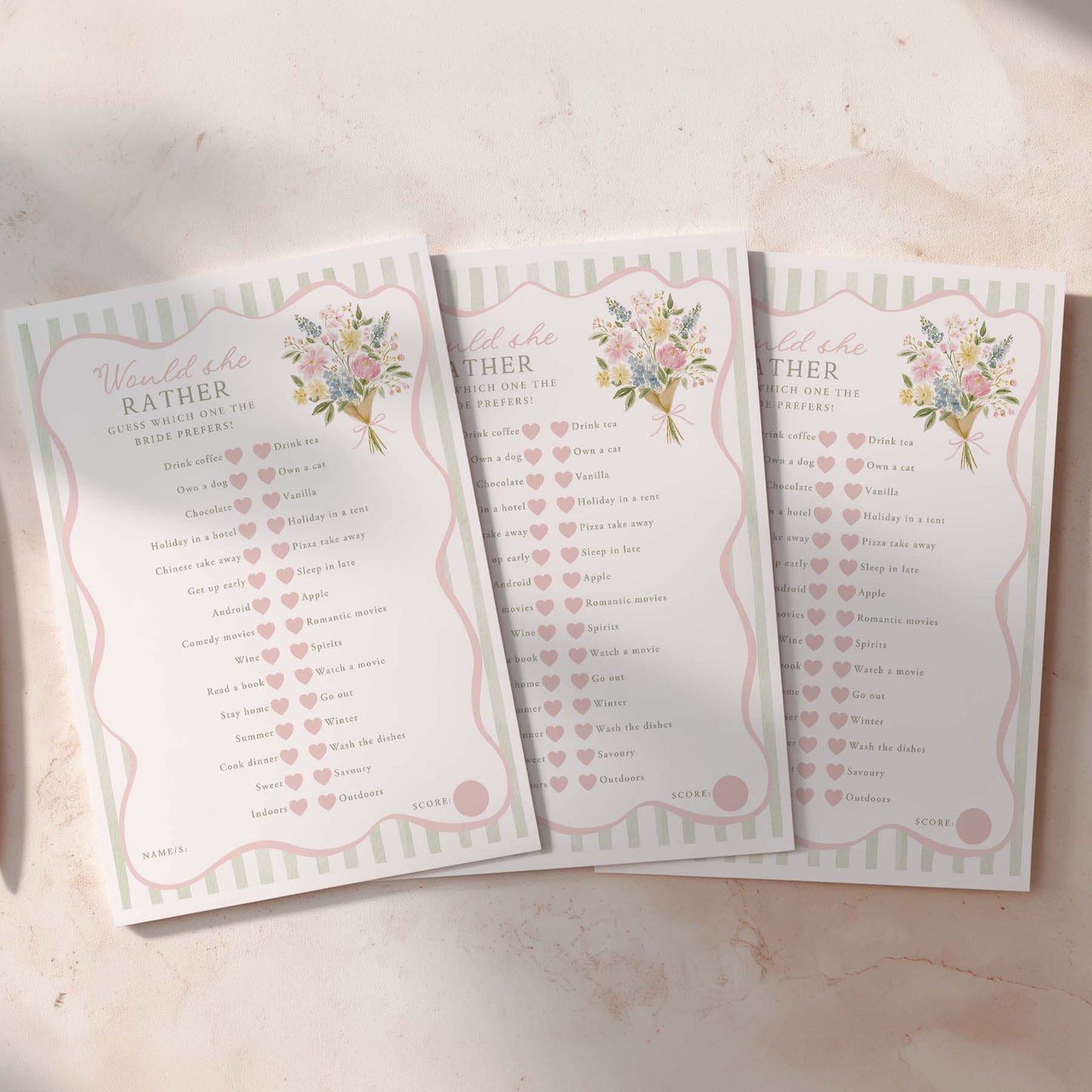 Three 'Would She Rather' questionnaires with floral designs on a light background