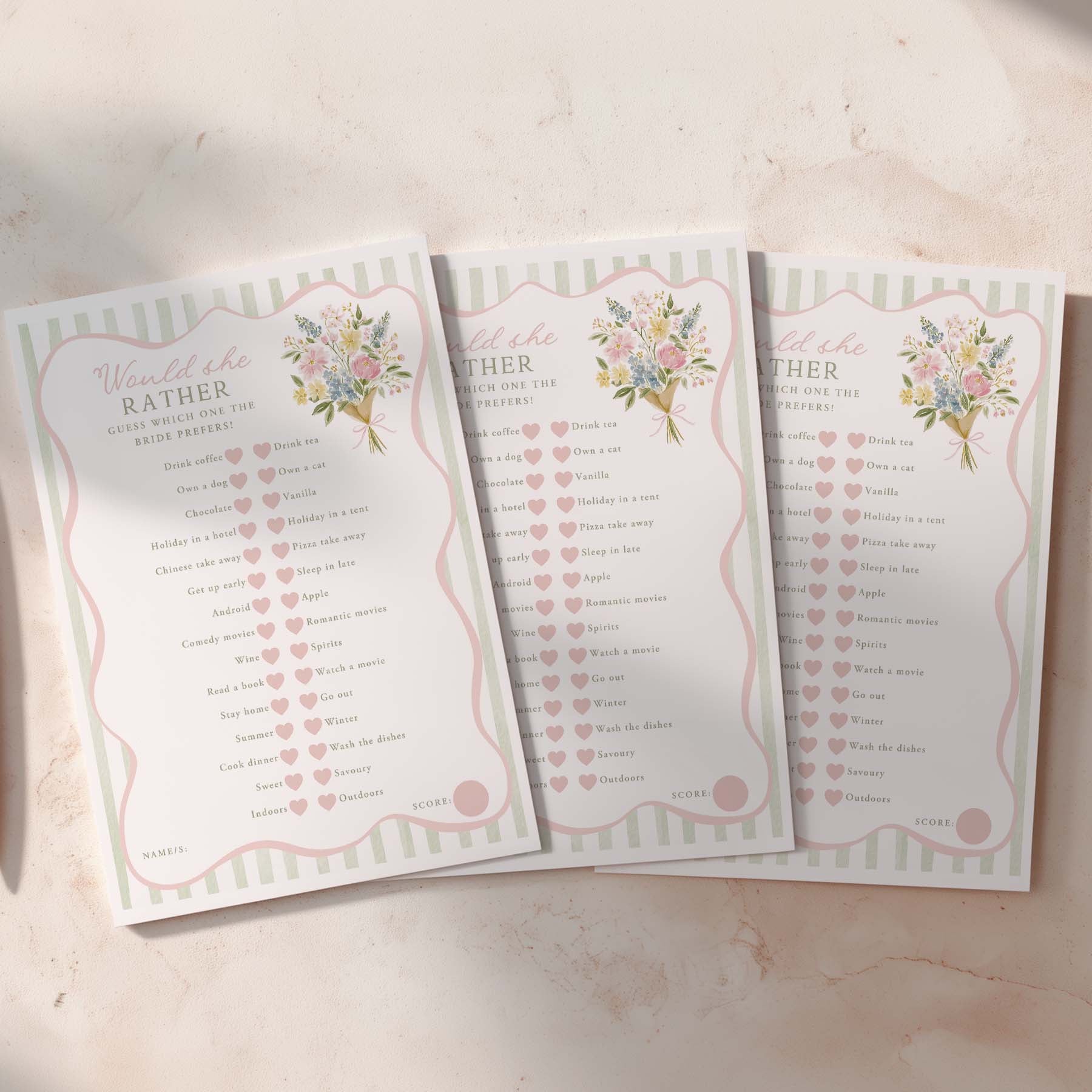 Three 'Would She Rather' questionnaires with floral designs on a light background