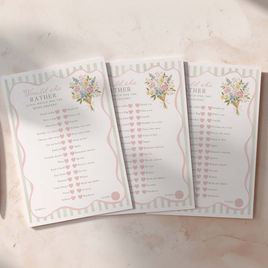 Three 'Would She Rather' questionnaires with floral designs on a light background