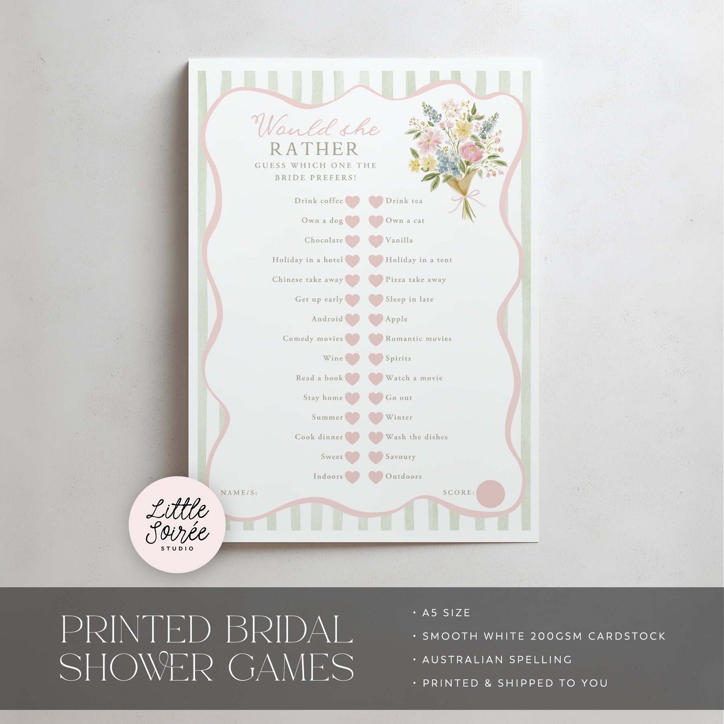Bridal shower game card with floral design on a gray background