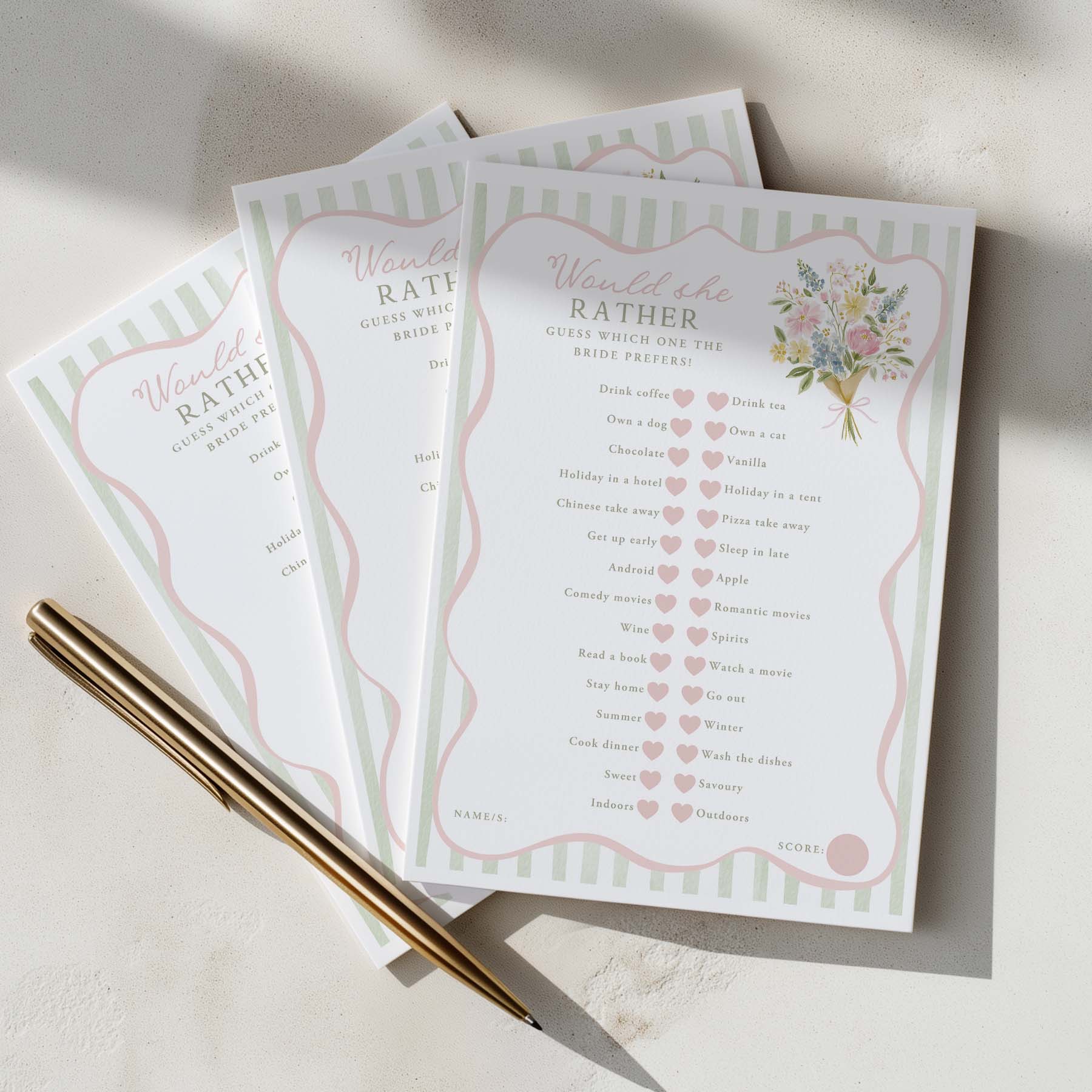Set of questionnaires with floral design and pen on a light background