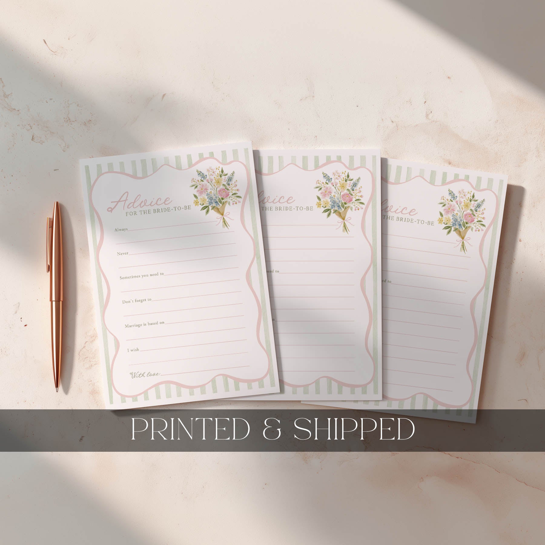 Three floral notepads with a pen on a light surface, labeled 'Printed & Shipped'.
