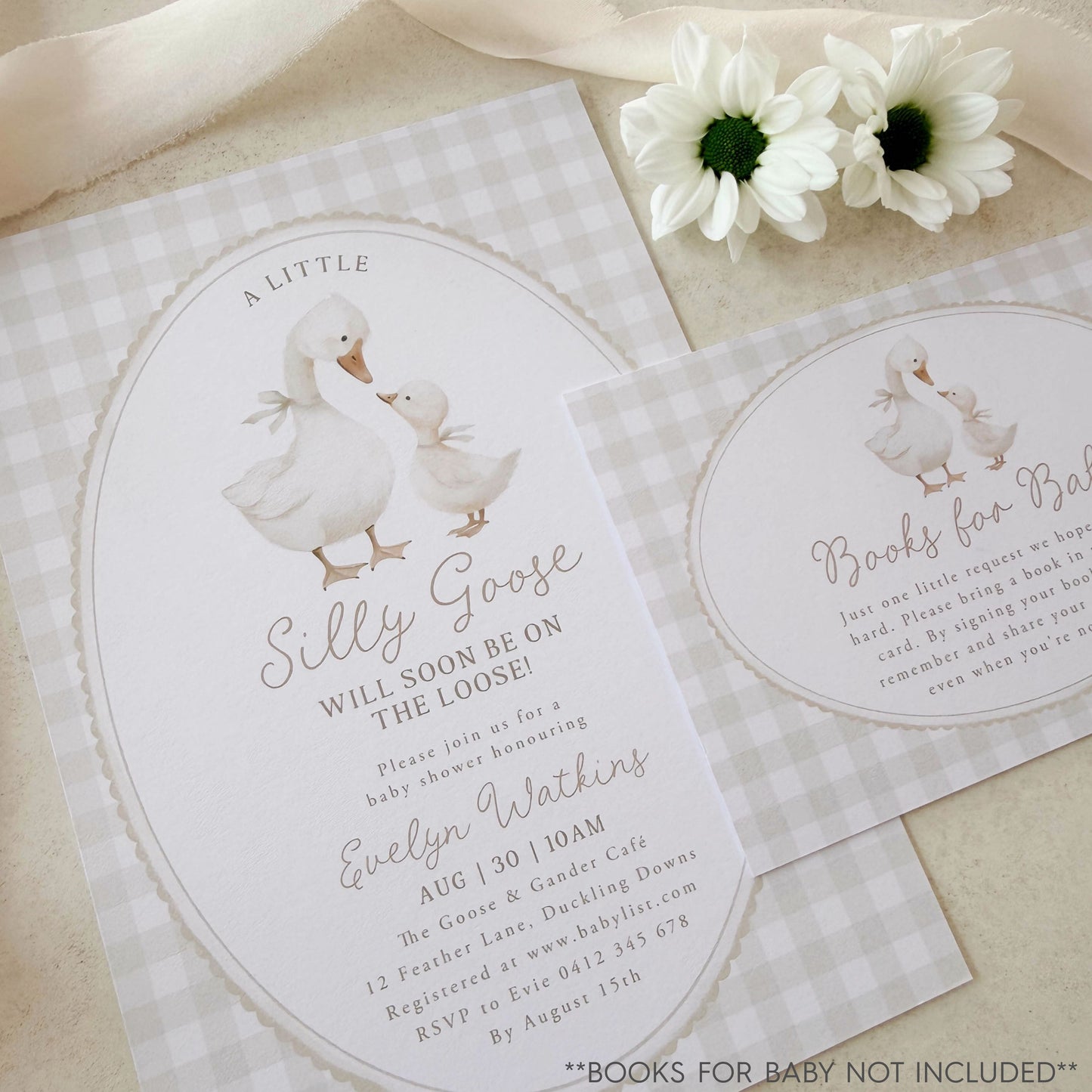 Baby shower invitation with goose on a beige gingham background