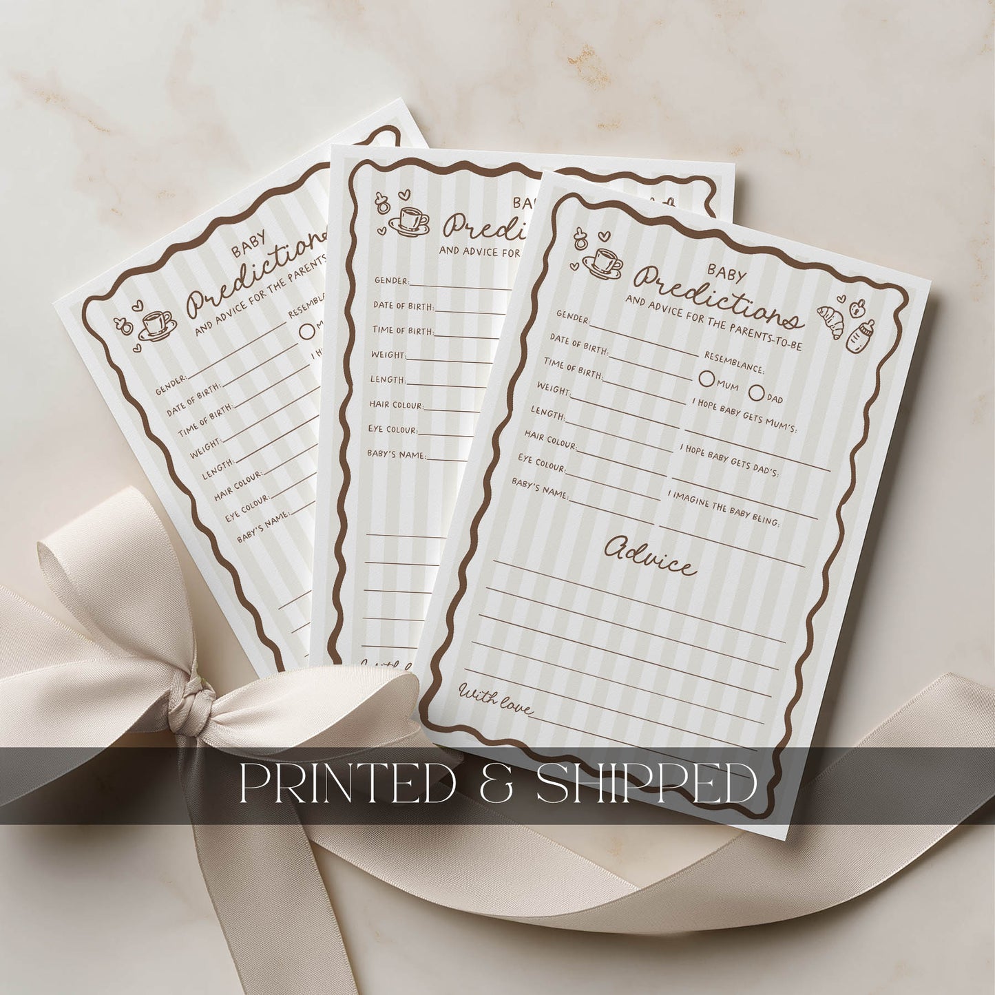 Three baby prediction and advice sheets with decorative border on a beige background.