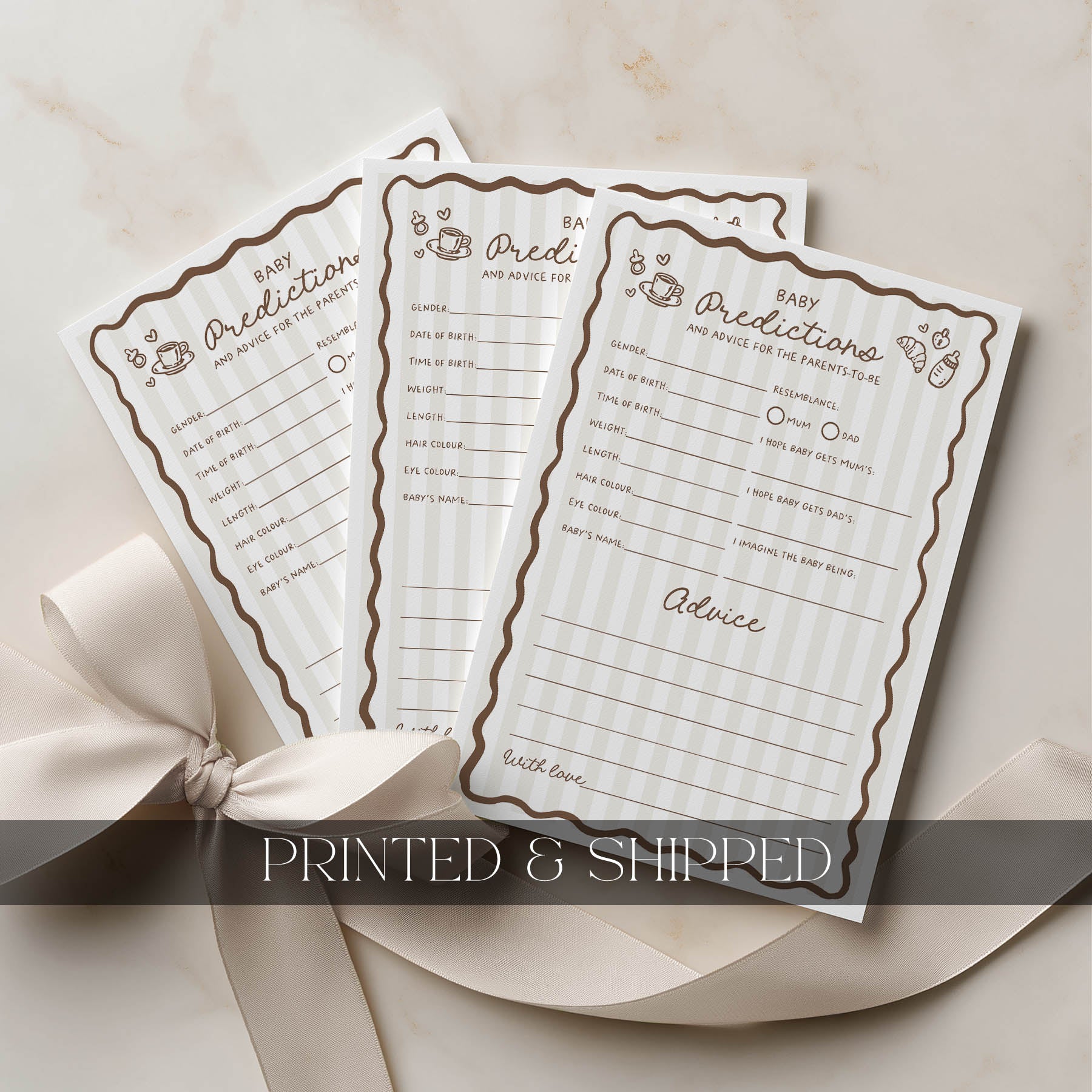 Three baby prediction and advice sheets with decorative border on a beige background.