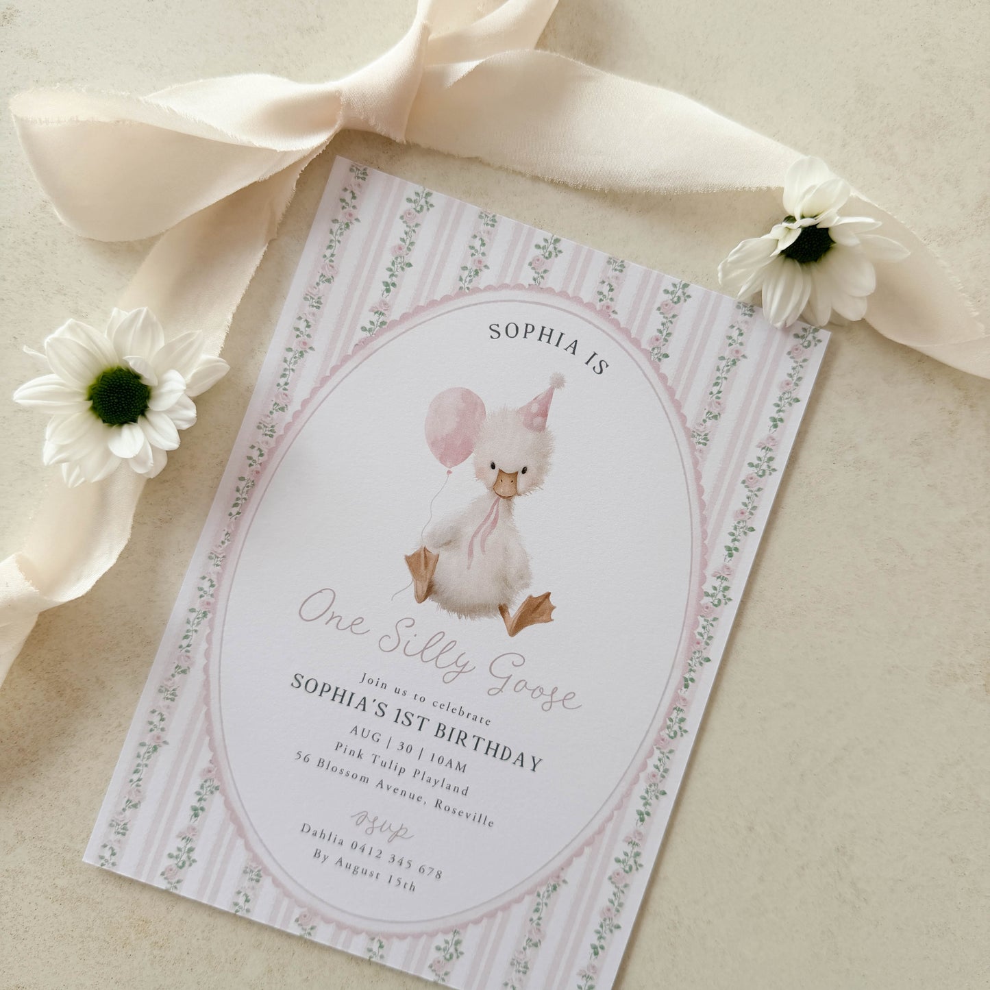 Silly Goose Invitation card with a goose illustration and decorative ribbon on a beige background