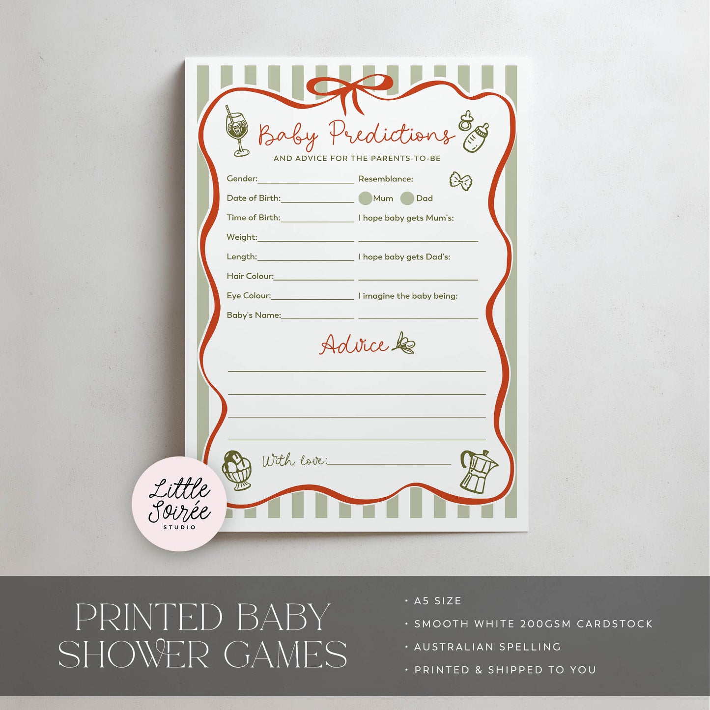 Baby shower game sheet with decorative elements on a gray background3