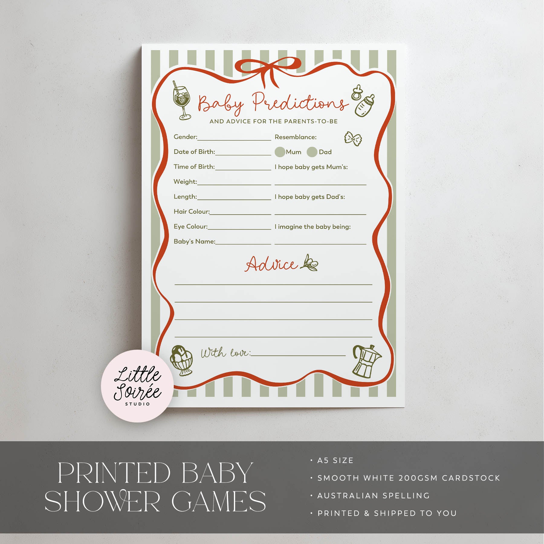 Baby shower game sheet with decorative elements on a gray background3