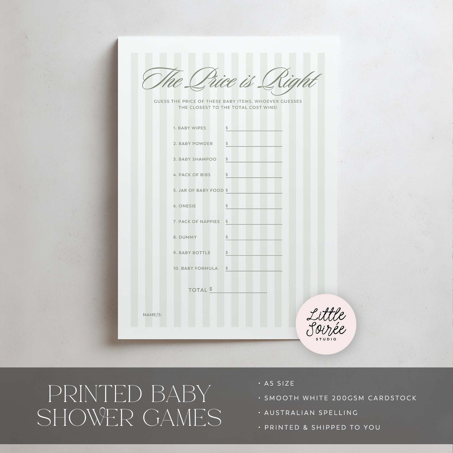 Baby shower game sheet titled 'The Price is Right' with a 'Little Soiree' logo on a gray background.
