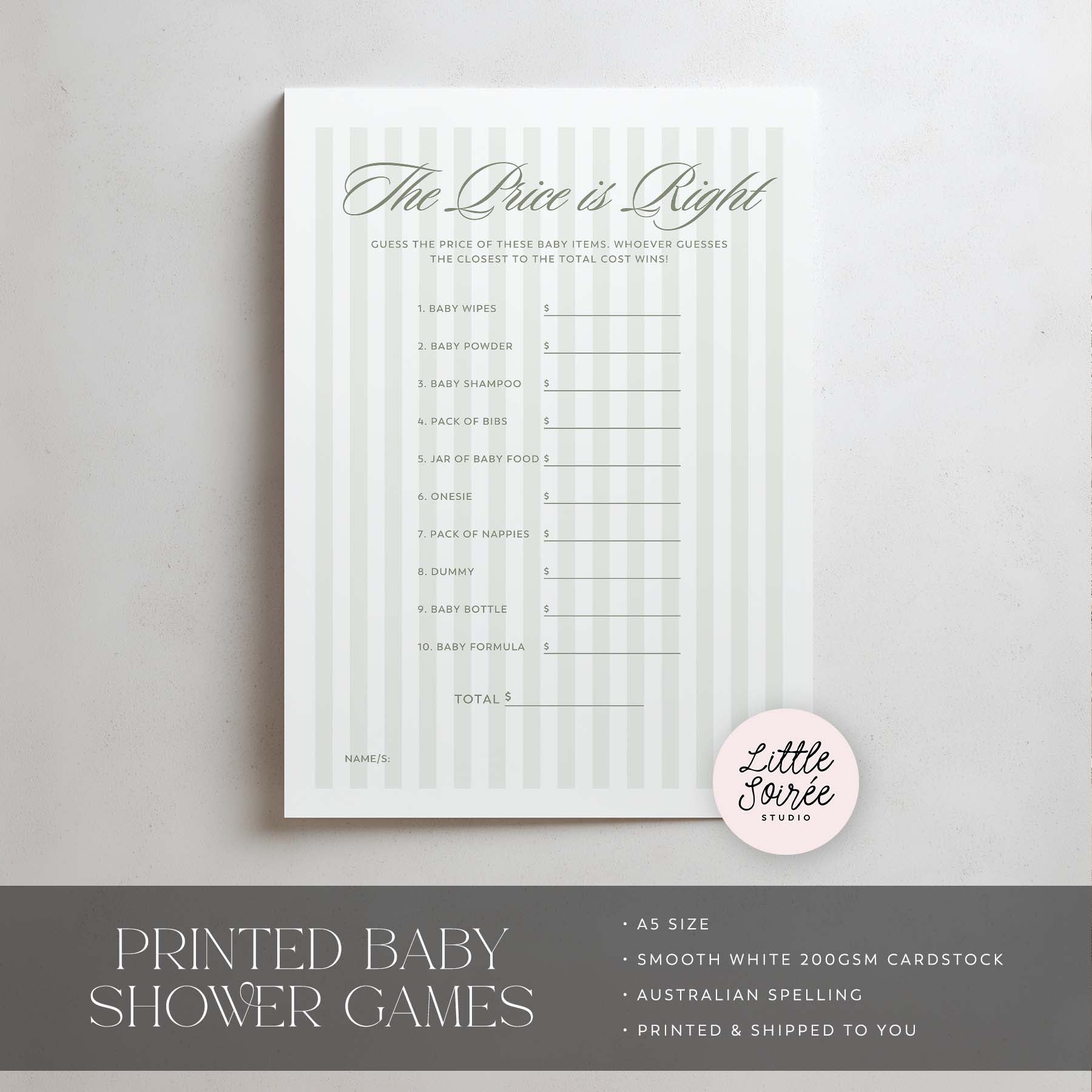 Baby shower game sheet titled 'The Price is Right' with a 'Little Soiree' logo on a gray background.