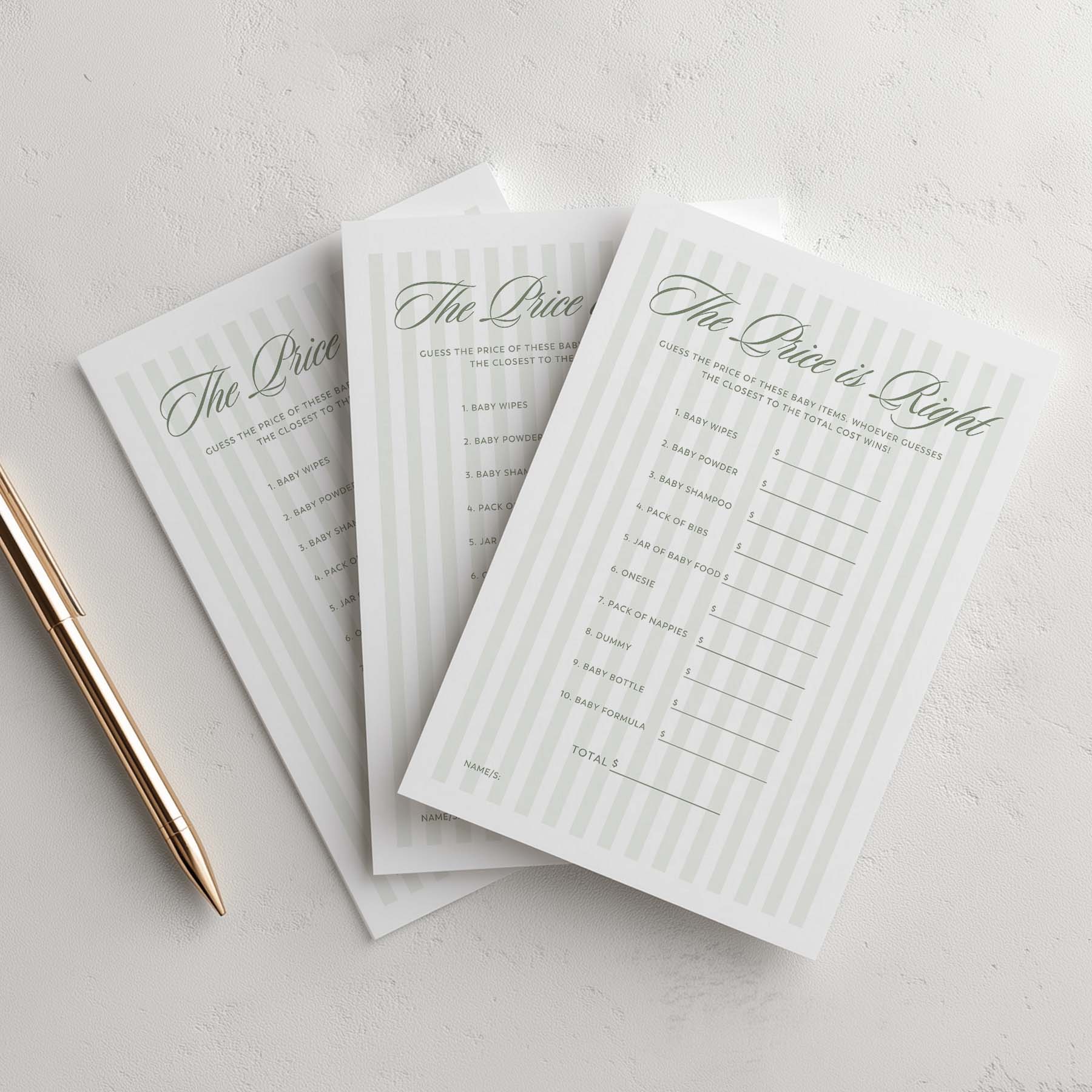 Three 'The Price is Right' game sheets on a light gray surface with a pen.