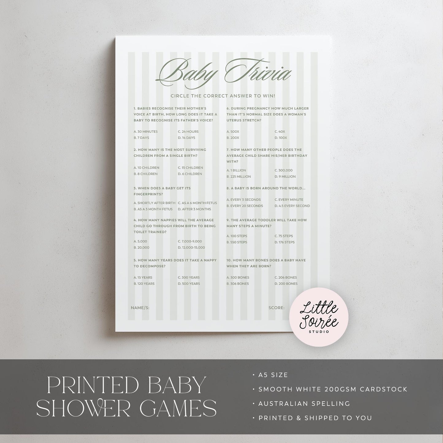 Baby trivia green stripe game sheet with 'Little Soiree' branding on a gray background