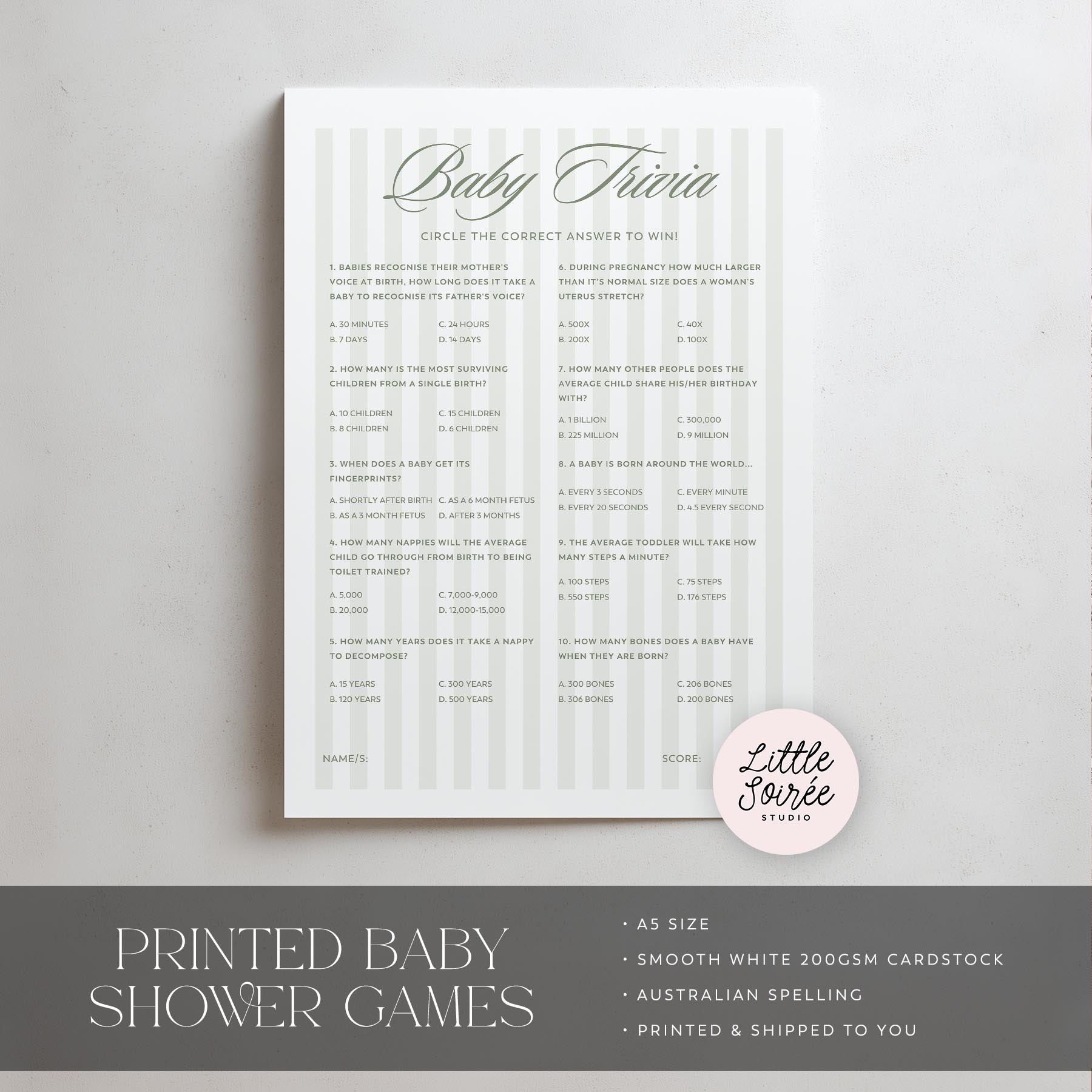 Baby trivia green stripe game sheet with 'Little Soiree' branding on a gray background
