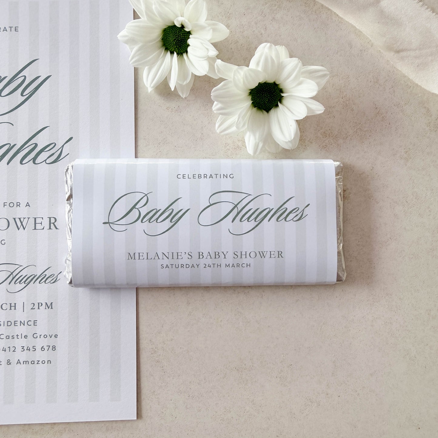 Printed Chocolate Bar Labels – Sage Green Stripe | Baby Shower Games Australia