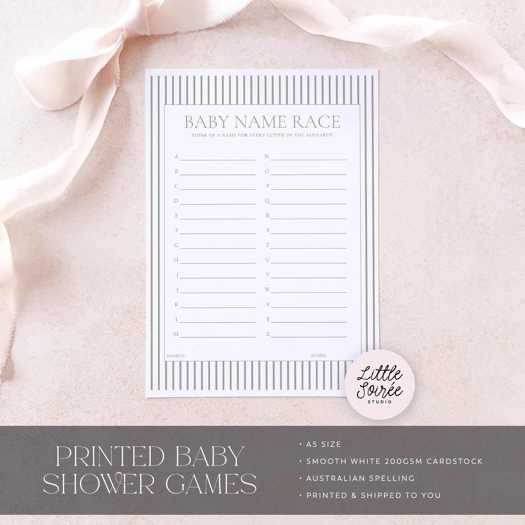 Baby name race game sheet on a soft fabric background with 'Little Souris Studio' branding.
