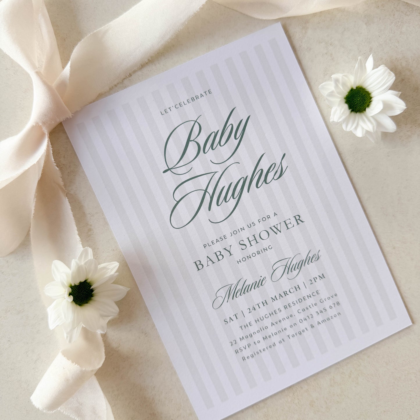 Green Stripe Baby Shower Invitation (Printed) – Sage Baby Shower Invite Australia