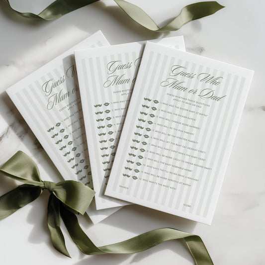 Printed Guess Who Baby Shower Game – Sage Green Stripe | Baby Shower Games Australia