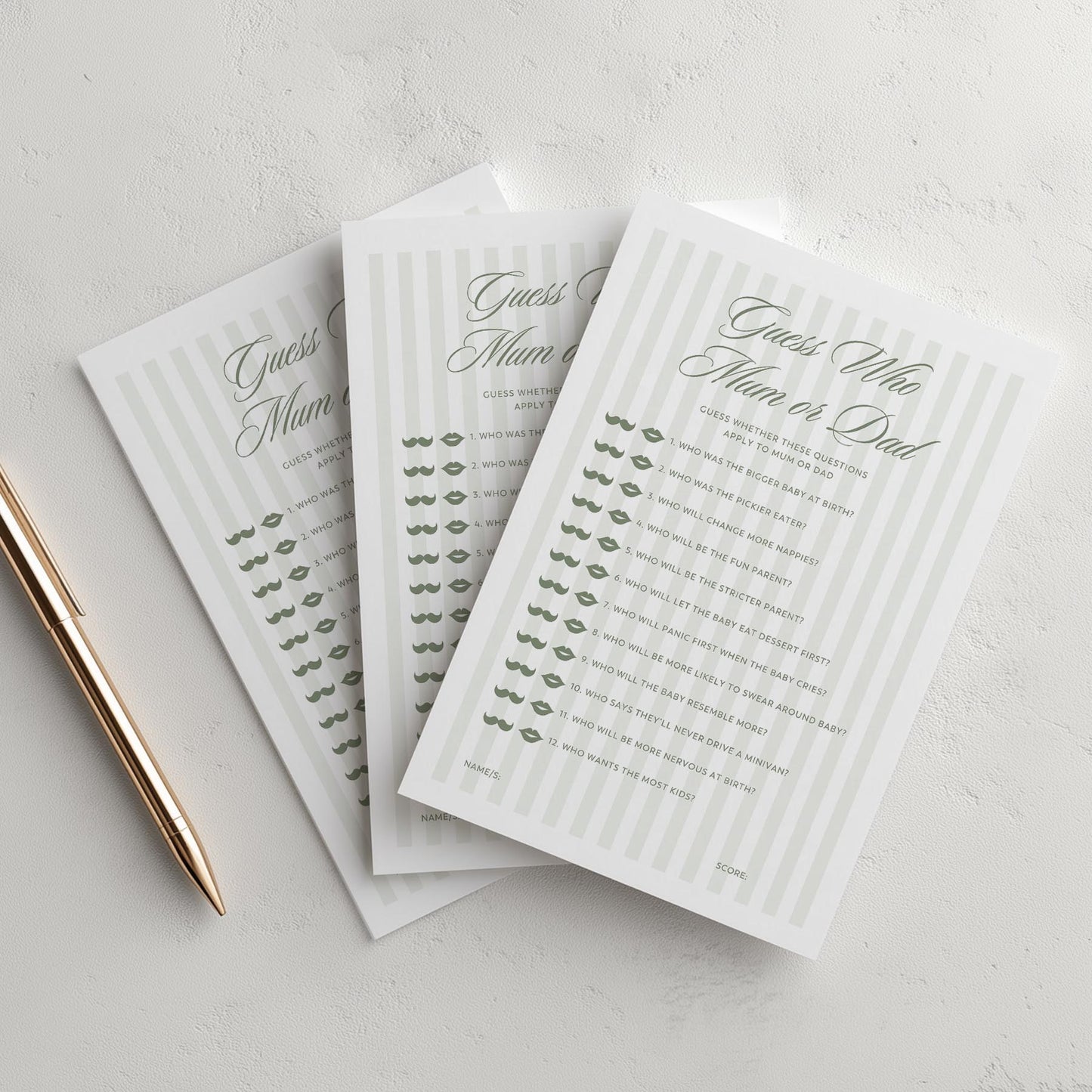 Printed Guess Who Baby Shower Game – Sage Green Stripe | Baby Shower Games Australia