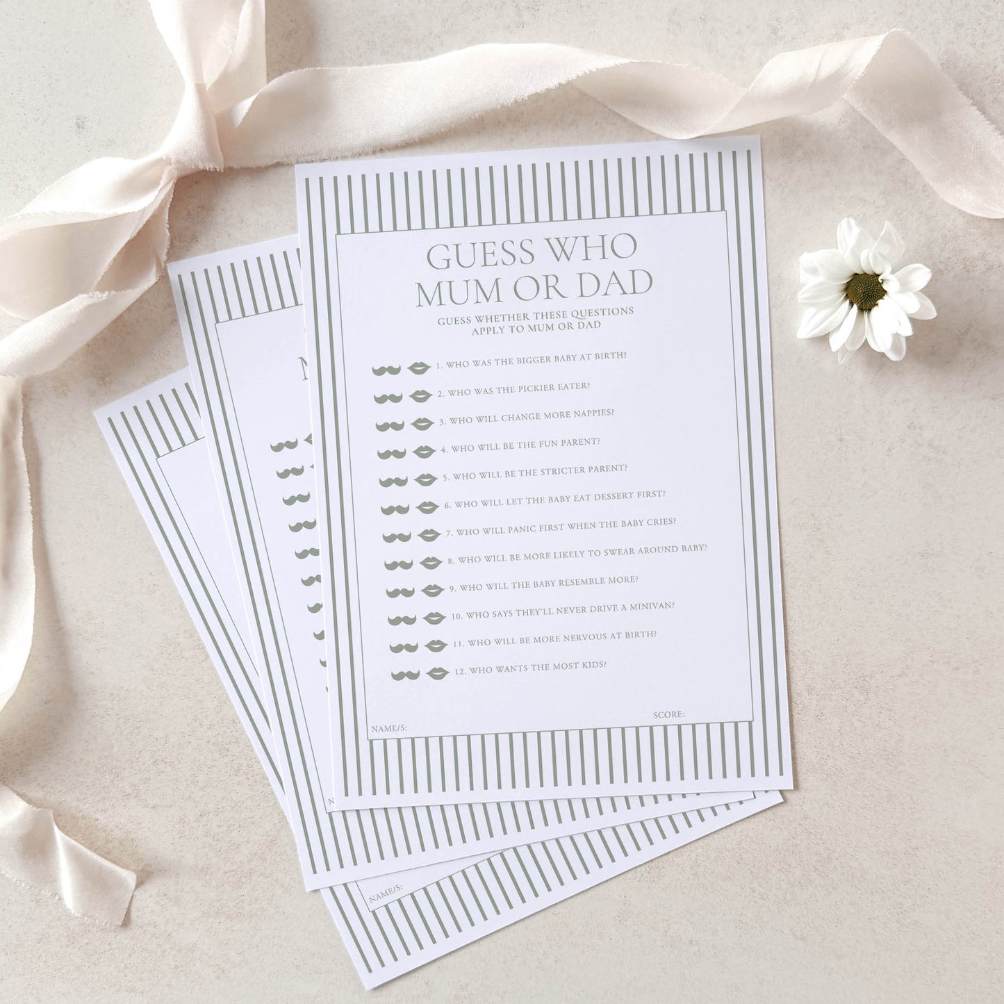 Printed Guess Who Baby Shower Game – Sage Green Minimalist Stripe | Baby Shower Games Australia