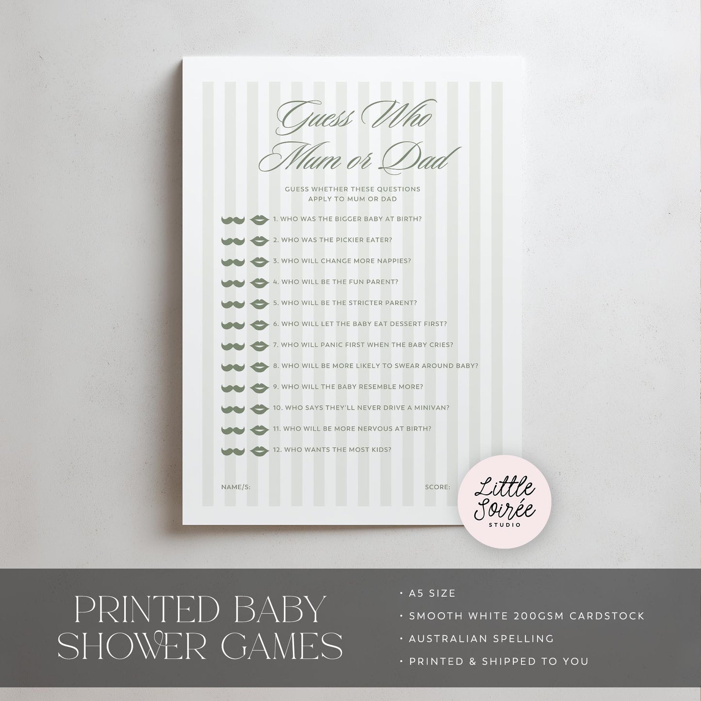 Printed Guess Who Baby Shower Game – Sage Green Stripe | Baby Shower Games Australia