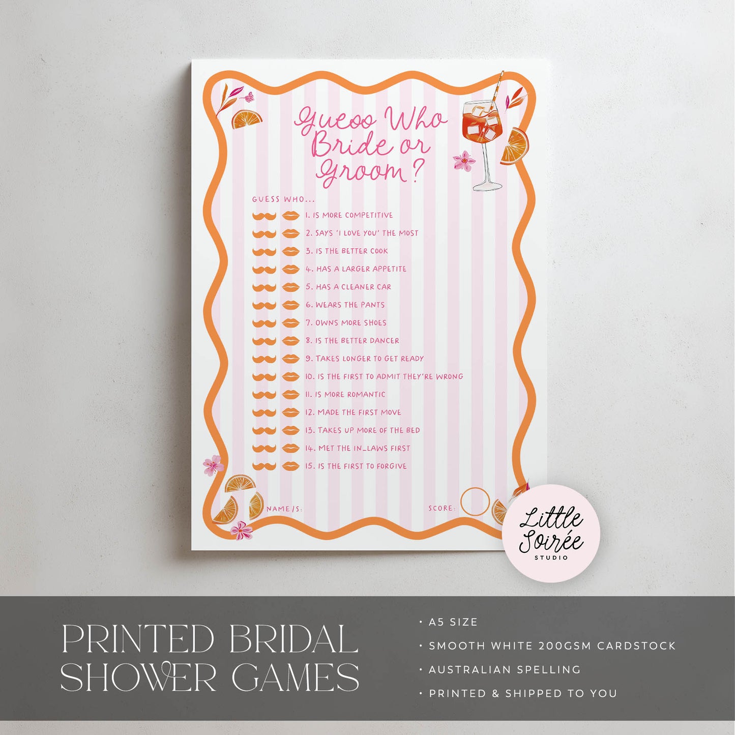 Printed Guess Who Bride or Groom - Love at First Spritz | Bridal Shower Games Australia