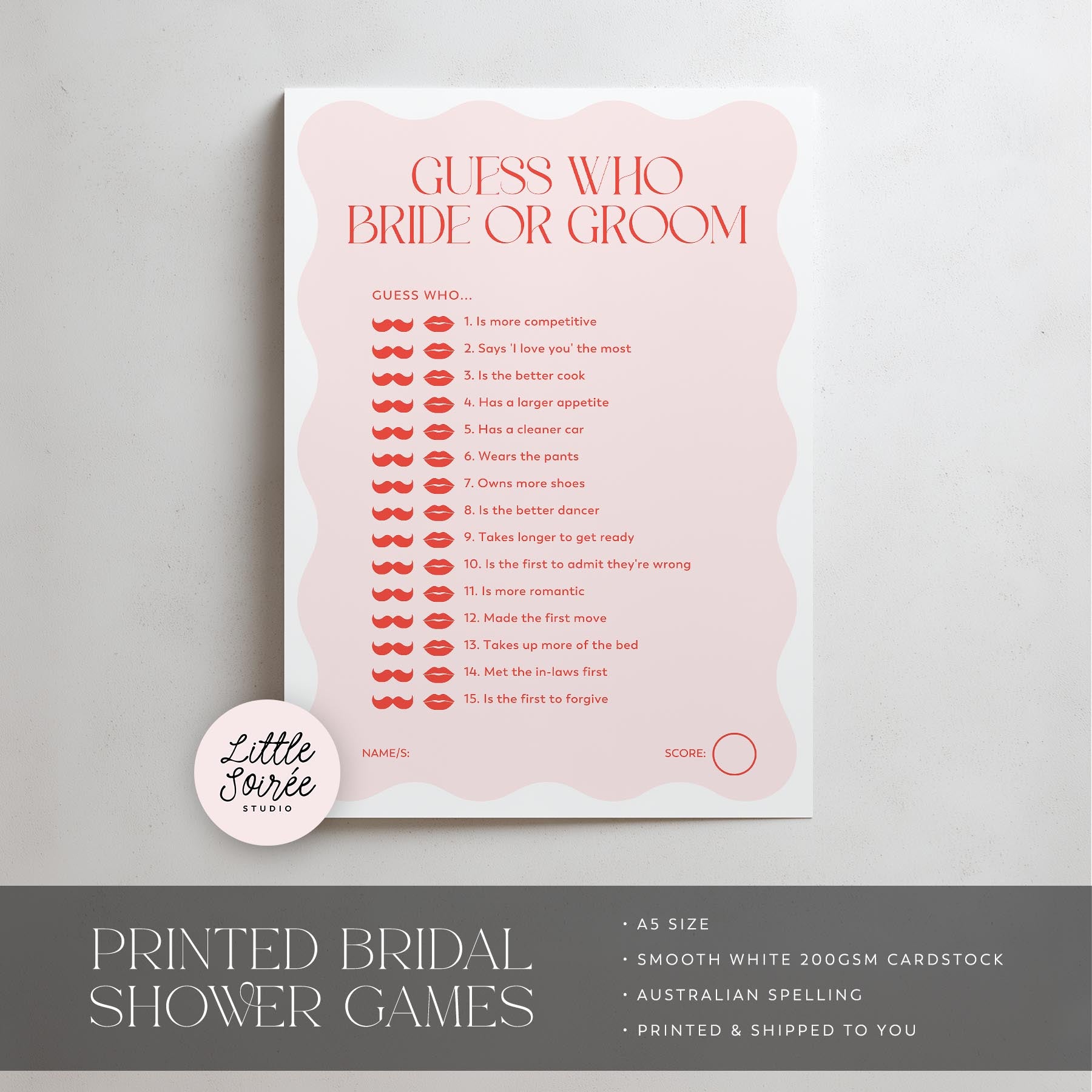 Bridal shower game card titled 'Guess Who Bride or Groom' with a pink design on a gray background.